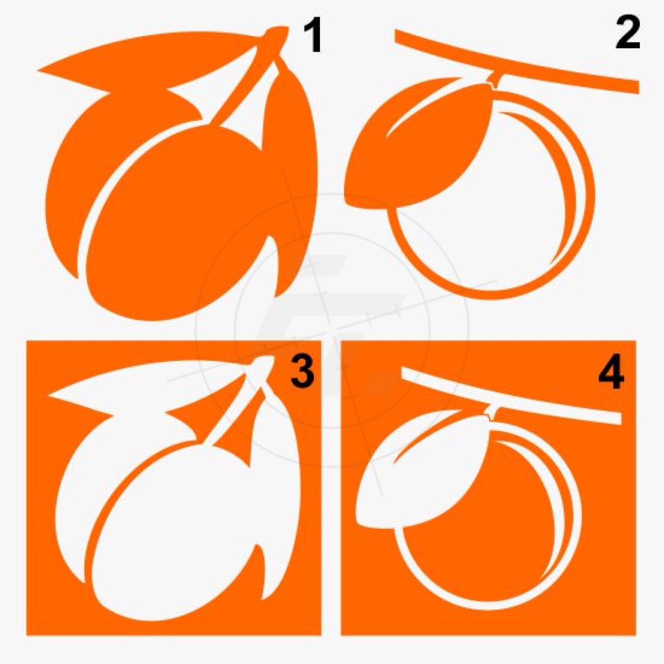 Pfirsich, Mandarine, mit Stengel und Blättern